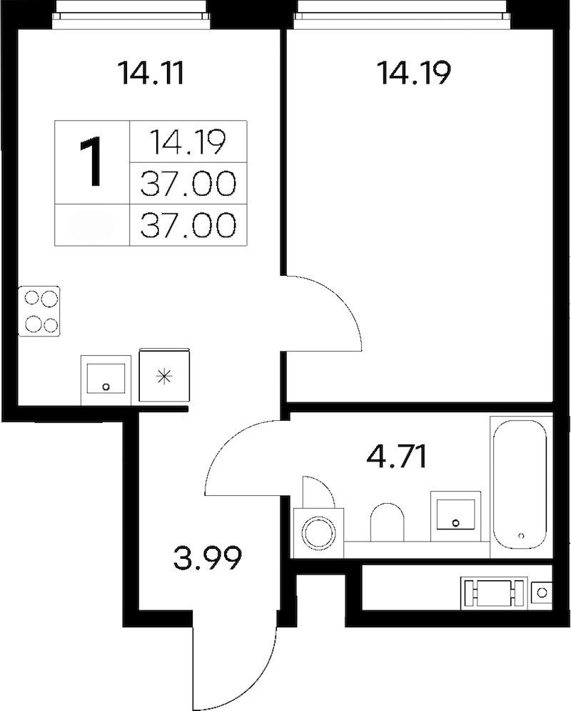 1-комнатная квартира 37 м², 10/18 эт., ЖК «Glorax City Василеостровский»